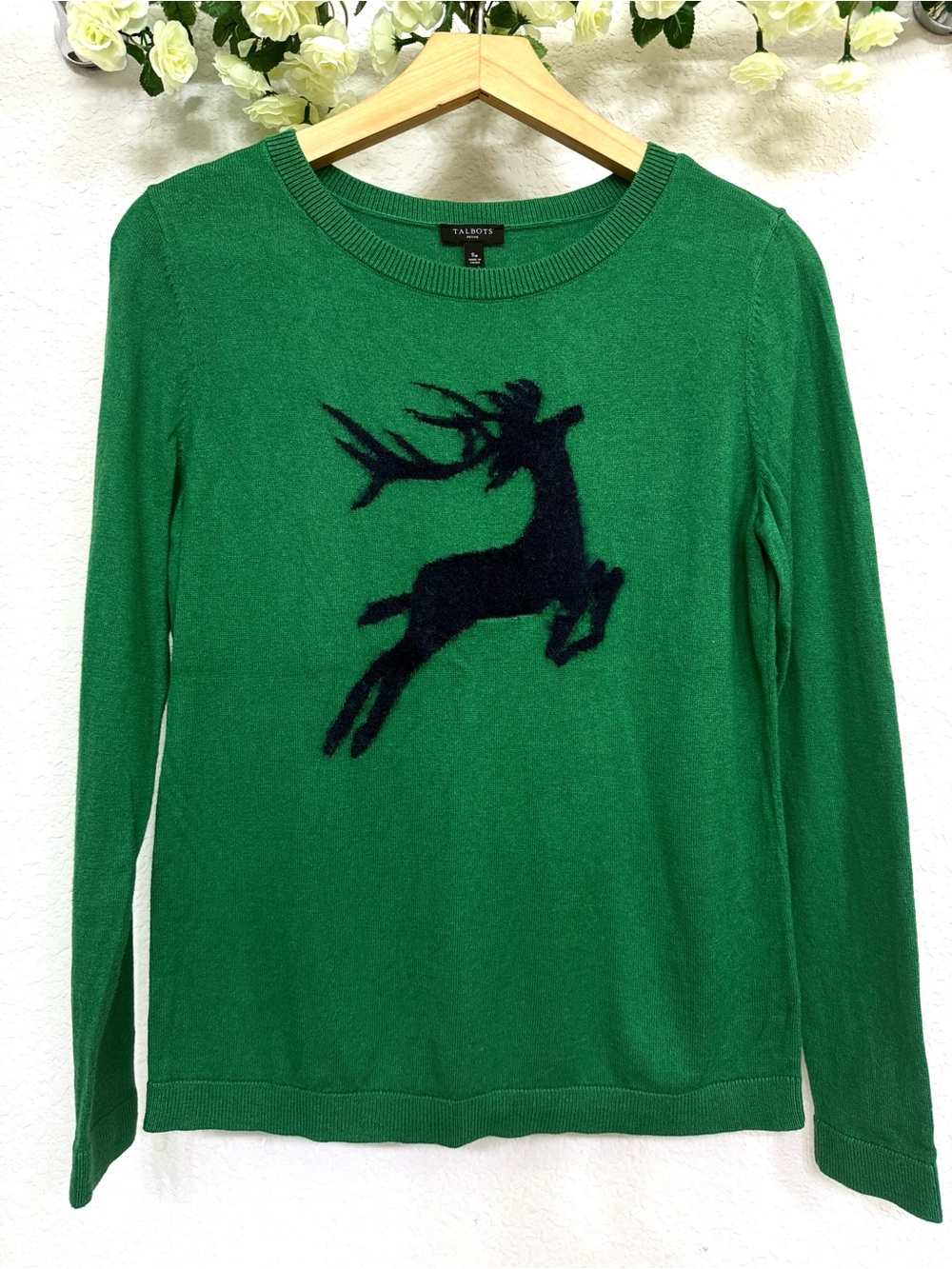 Talbots • Green Cashmere Blend Reindeer Holiday Sweater Petite SP
